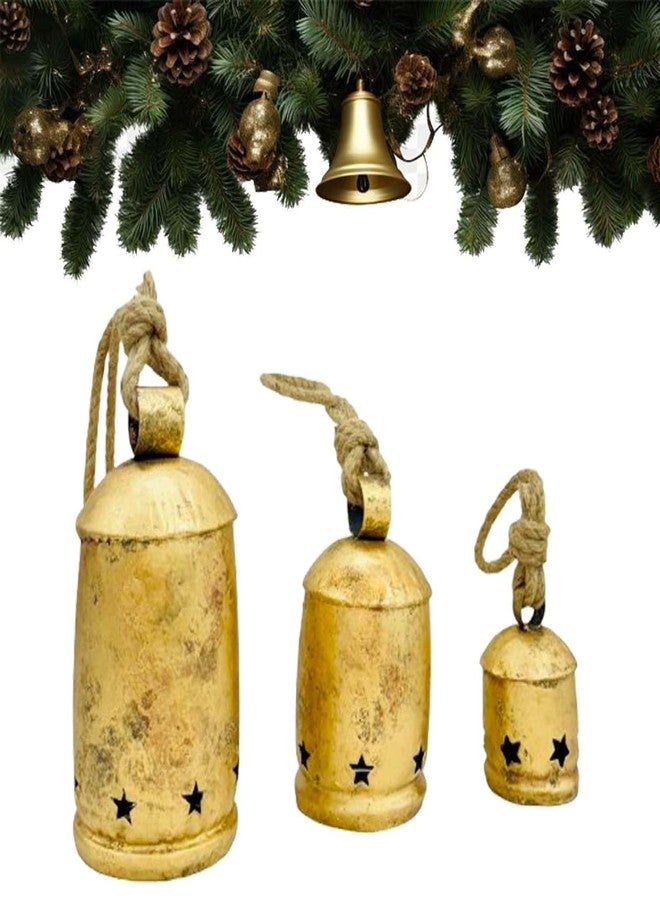 THOR INSTRUMENTS أجراس أبقار ريفية عتيقة الطراز، زينة عيد الميلاد، أجراس أسطوانية مصنوعة يدويًا للزينة، نجمة في الأسفل، مجموعة من 3 أجراس احتفالية للحديقة - Image 4